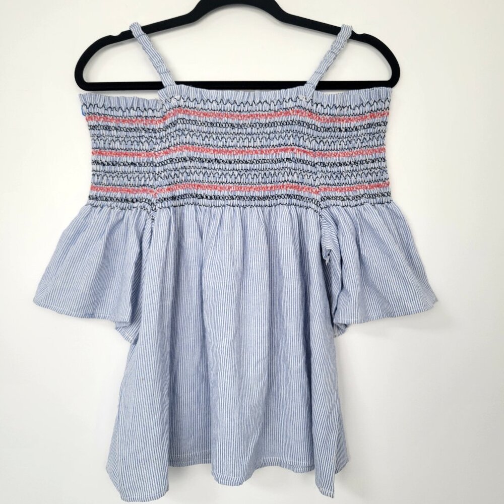 Freeway Striped Smocked Off Shoulder Flowy Ruffle Sleeve Boho Cottagecore